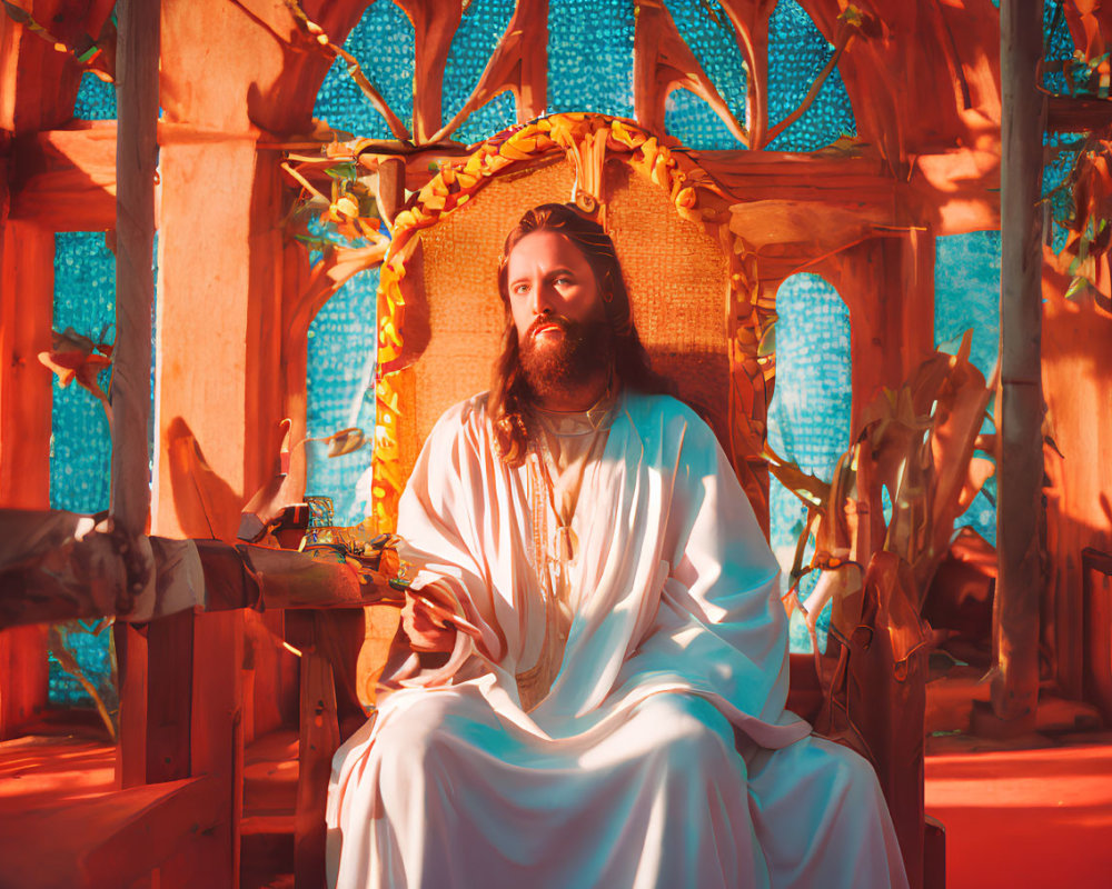 Bearded man in white robe on throne with blue tiles and yellow flowers