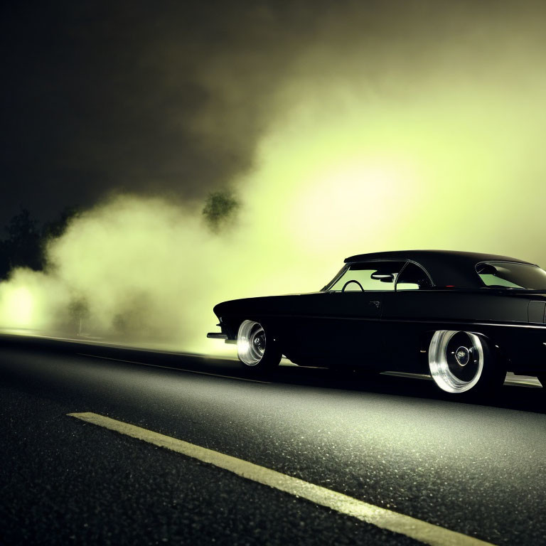 Classic black car burnout on dark road under yellowish-green sky