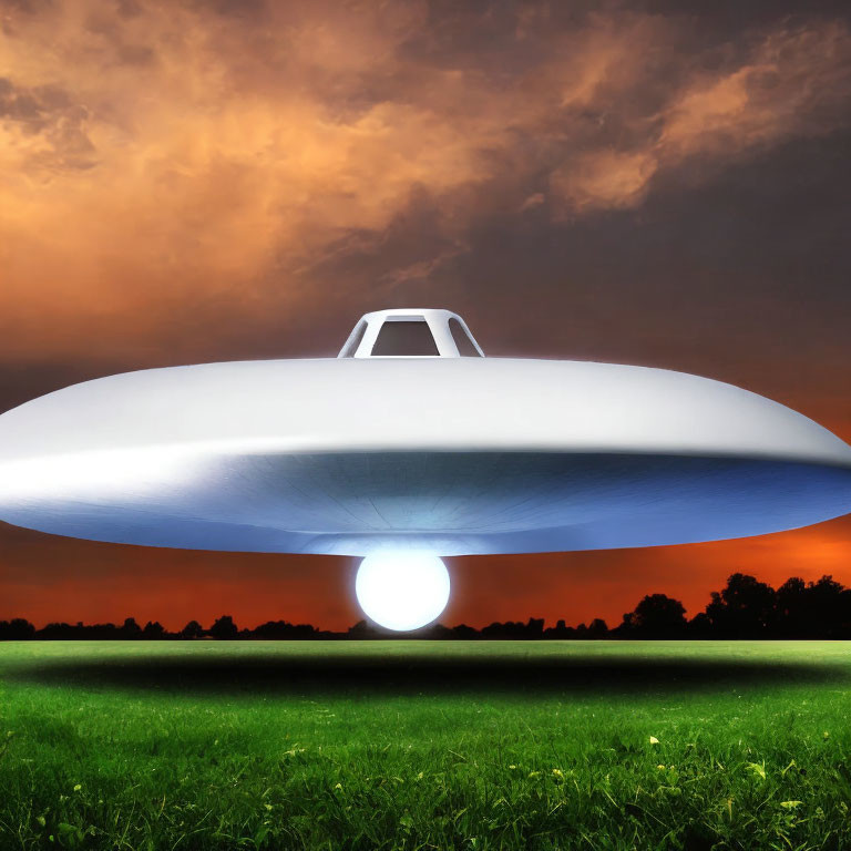 Digitally created UFO hovers over grassy field at sunset