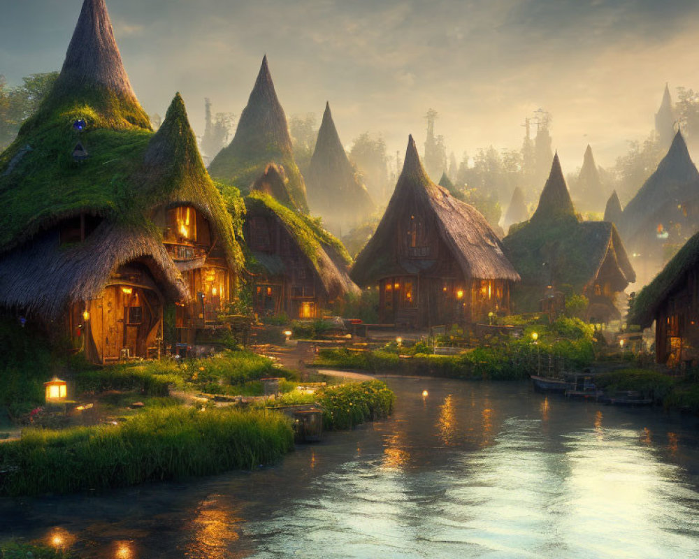 Cozy Thatched-Roof Cottages in Misty River Landscape