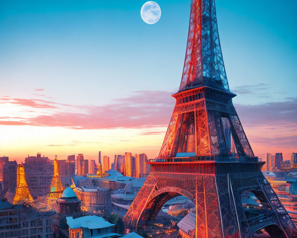 Twilight view: Eiffel Tower, full moon, vibrant sunset sky