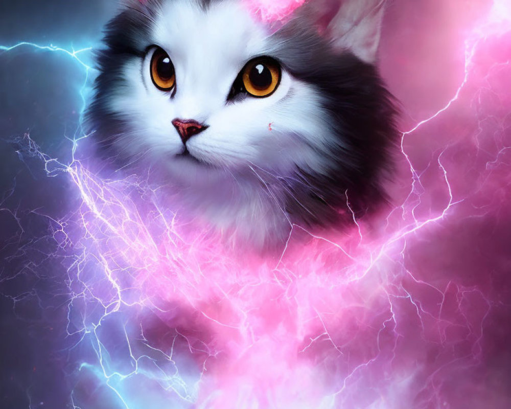 Fantasy illustration of a cat with yellow eyes and pink & blue lightning