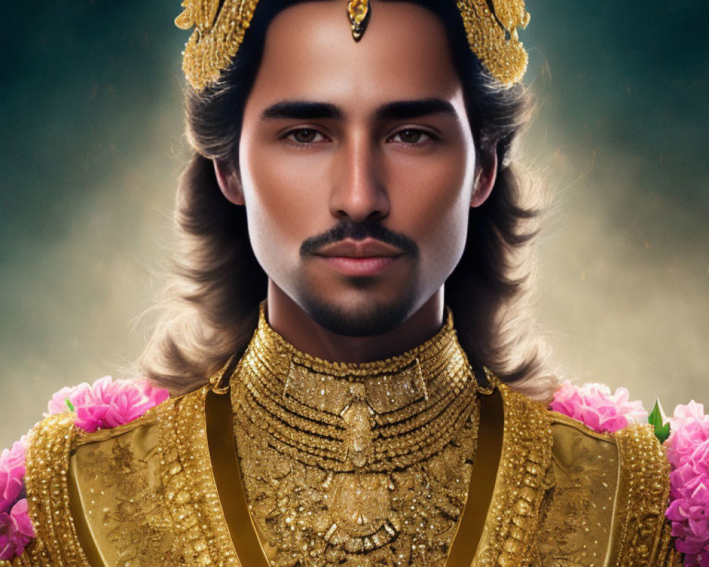 Digitally Rendered Person in Elaborate Golden Traditional Attire with Intricate Jewelry on Floral Background