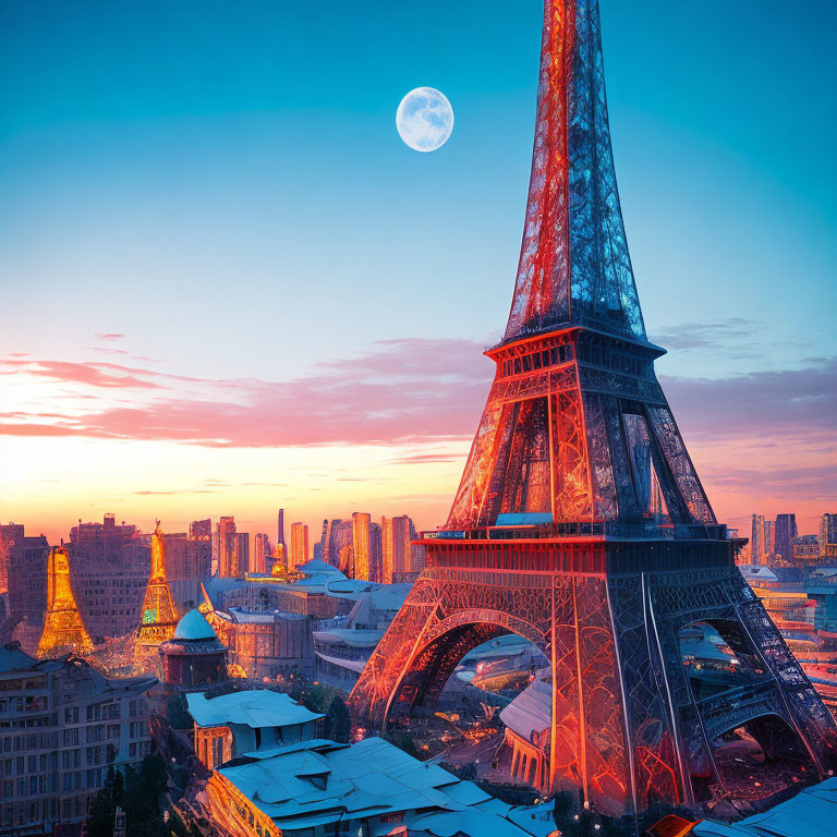 Twilight view: Eiffel Tower, full moon, vibrant sunset sky