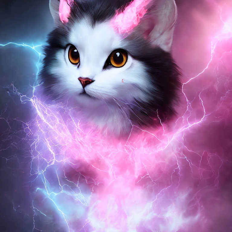 Fantasy illustration of a cat with yellow eyes and pink & blue lightning