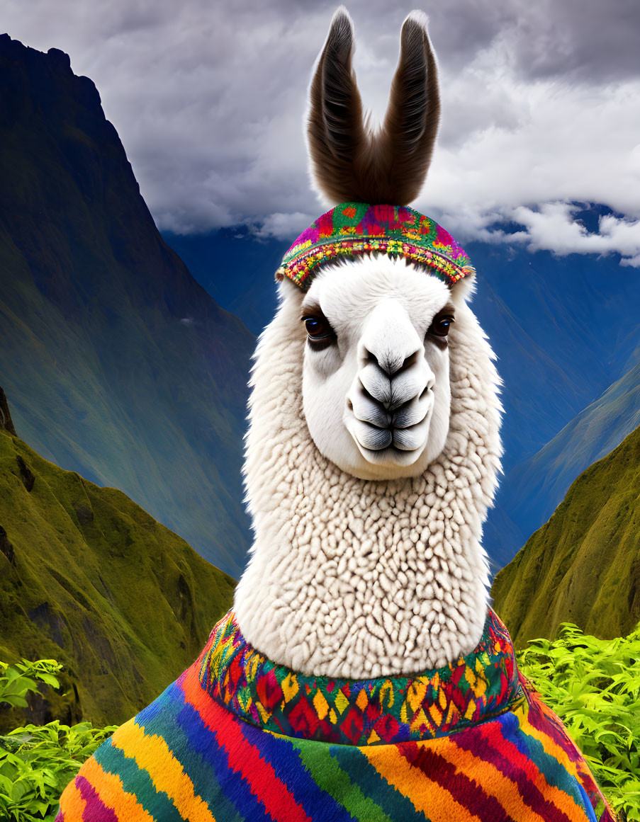 Colorful llama in traditional Andean attire against mountain backdrop