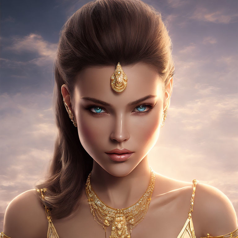 Digitally created woman with blue eyes and gold jewelry in serene setting