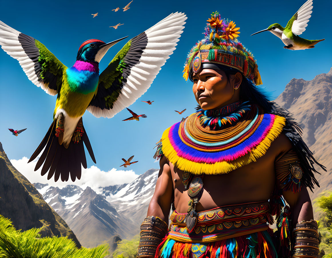 Traditional Andean Dress with Hummingbirds in Mountain Setting