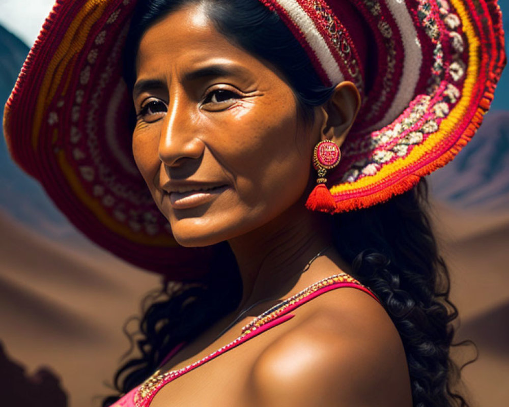 Traditional woman in bright hat and red earrings against mountain backdrop