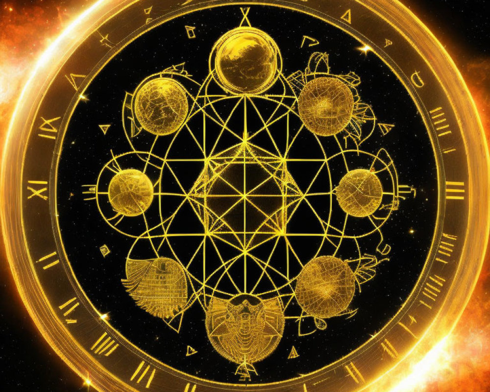 Golden mystical clock with Roman numerals and astrological symbols amidst geometric patterns and fiery nebula.