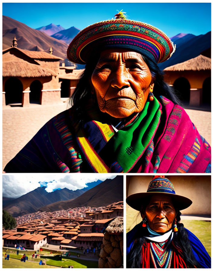 Colorful Andean Woman in Traditional Dress Collage with Village and Mountains