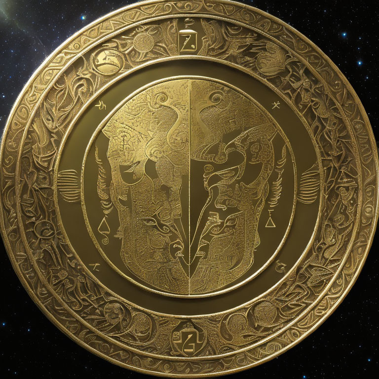 Golden shield with intricate designs and split face - masculine and feminine features on starry background