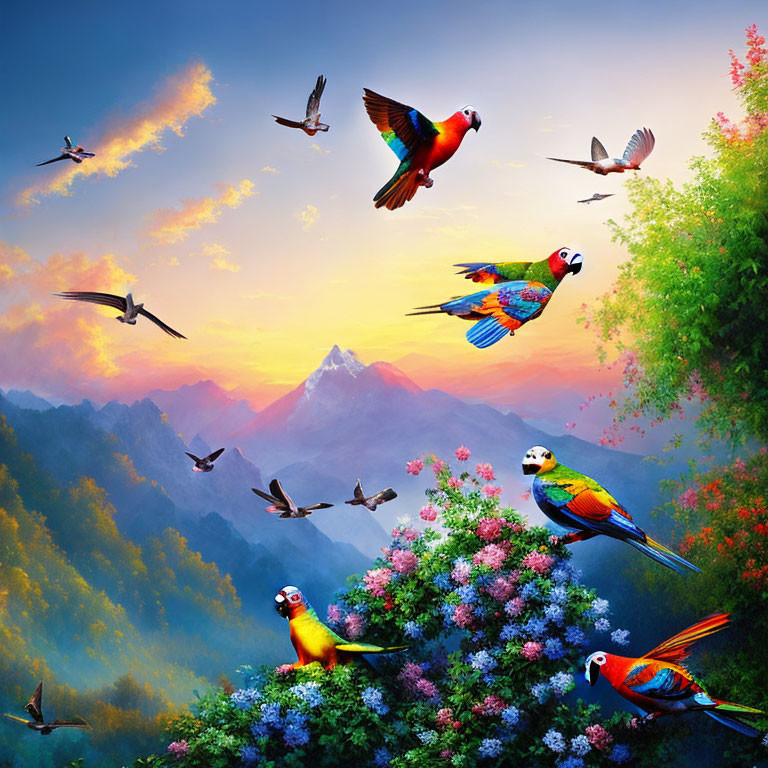 Colorful parrots in a scenic mountain sunset with lush flowers