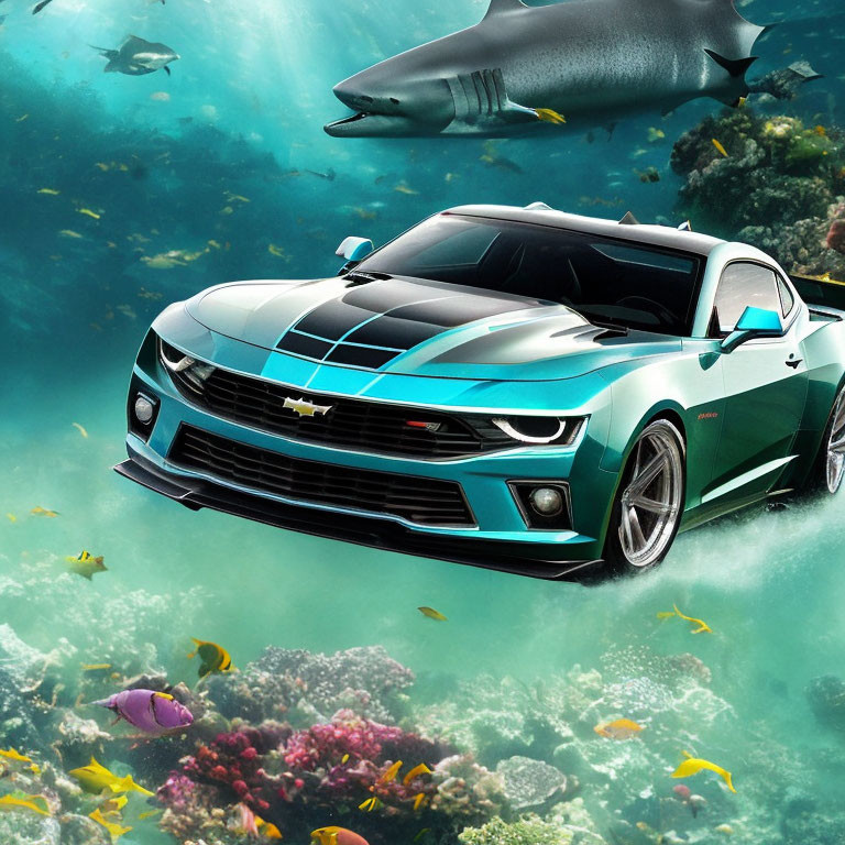 Chevrolet Camaro submerged with marine life in surreal art.