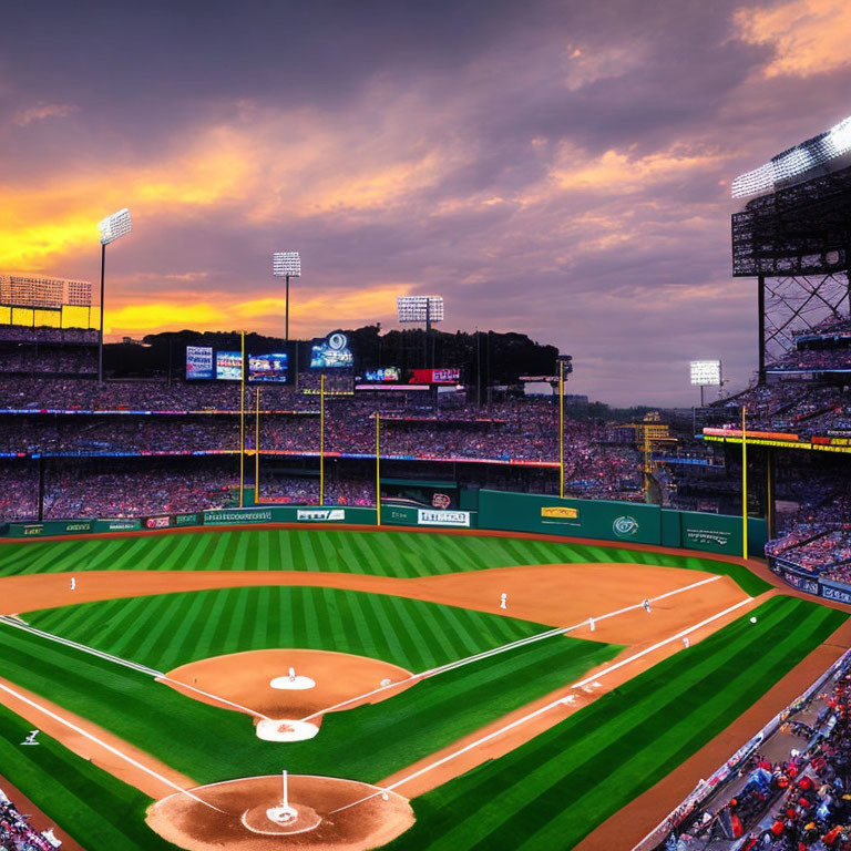 Vibrant sunset at baseball stadium with fans and game in progress