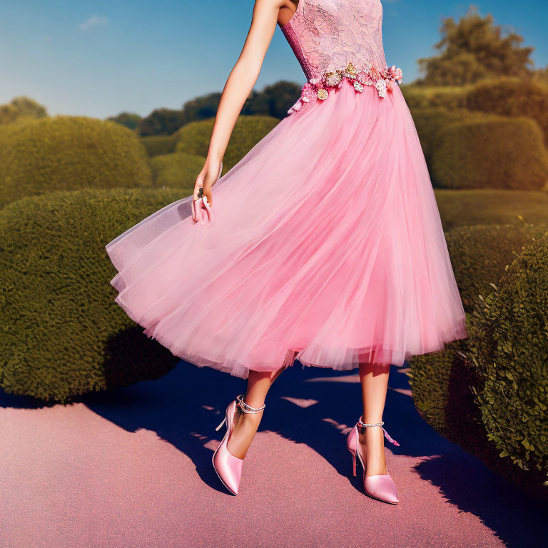 Woman in Pink Tulle Skirt and Heels on Rose Path