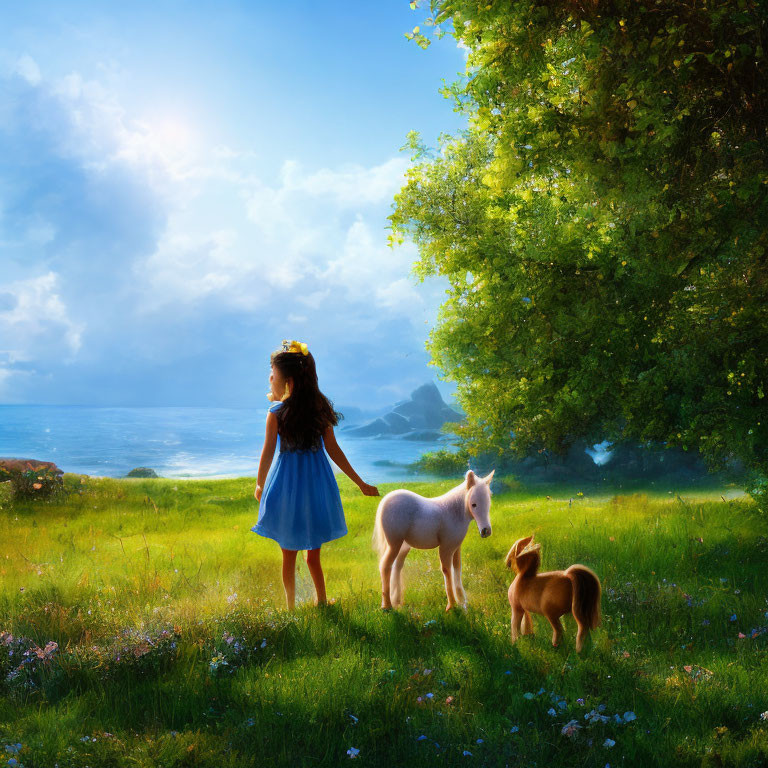 Young girl in blue dress with horse and puppy by seaside landscape