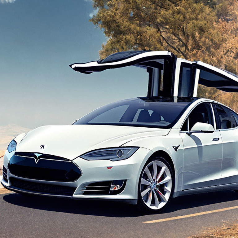 White Tesla Model X with Falcon Wing Doors Open under Clear Blue Sky