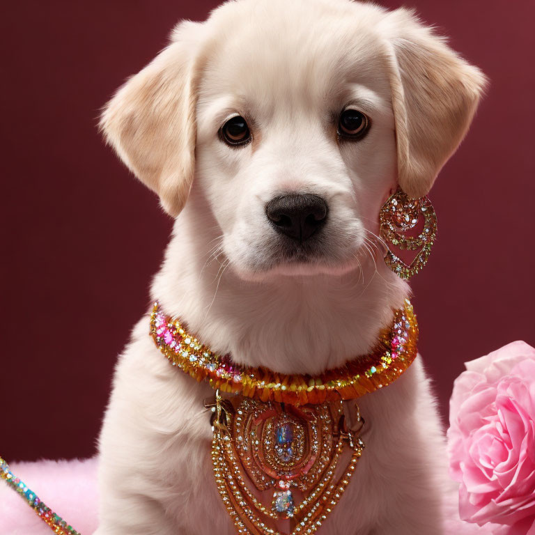 Golden retriever puppy wearing jewelry on pink backdrop with flower