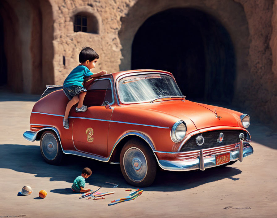 Child on Vintage Red Car with Toys and Another Child Below