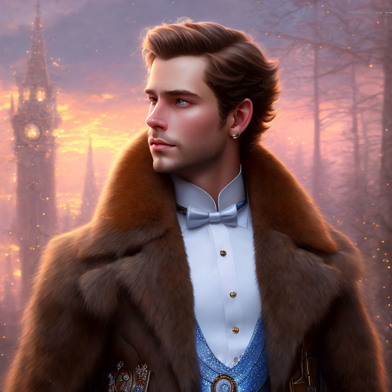 Man with groomed brown hair in elegant blue vest and fur cloak against forest backdrop