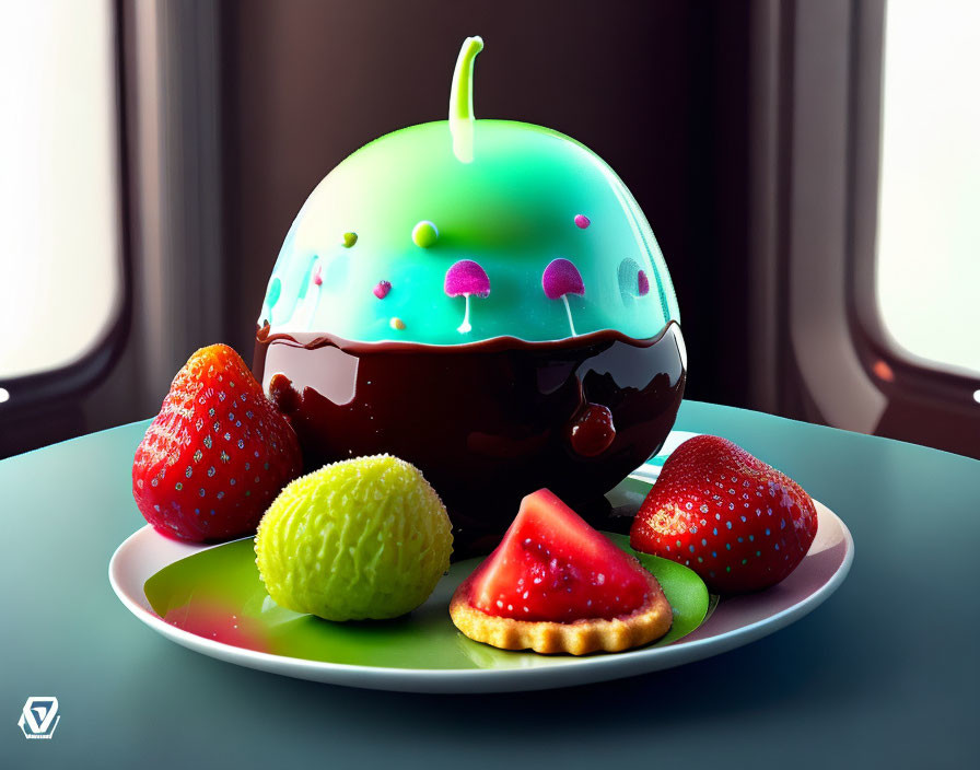 Colorful Dessert Plate with Chocolate Apple, Strawberries, Lime Slice, and Pie