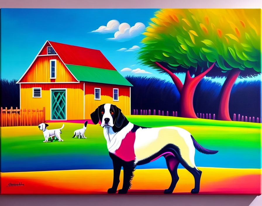 Vibrant painting with large, small dogs, tree, barn, sky, and lawn