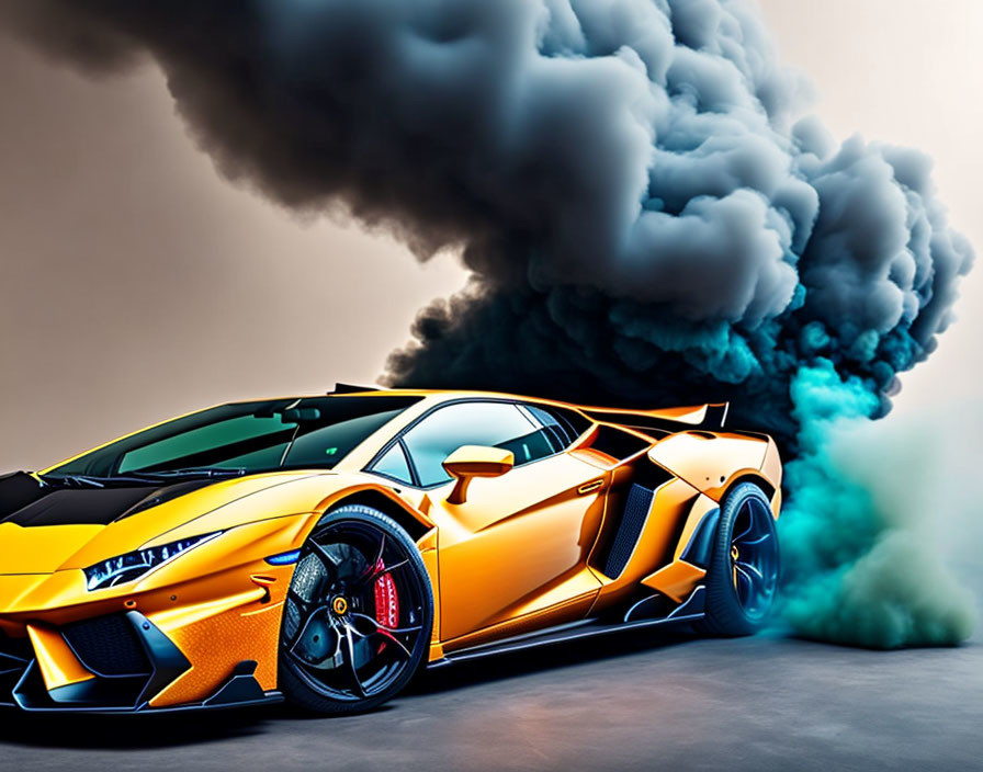 Vibrant yellow and orange Lamborghini with dramatic smoke backdrop