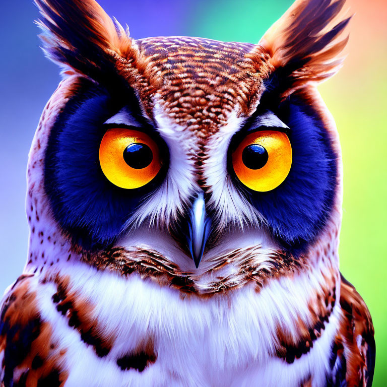 Colorful Owl with Striking Orange Eyes and Detailed Feathers