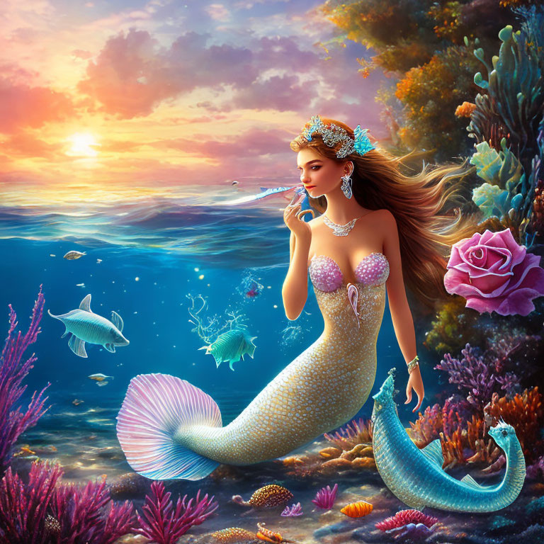 Mermaid with Long Hair on Rock Underwater at Sunset