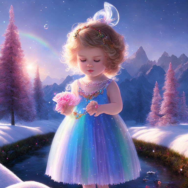 Magical digital artwork of fairy toddler with horn and wings in snow-covered landscape