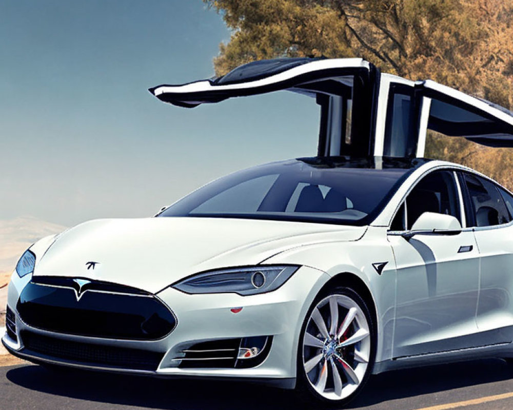 White Tesla Model X with Falcon Wing Doors Open under Clear Blue Sky