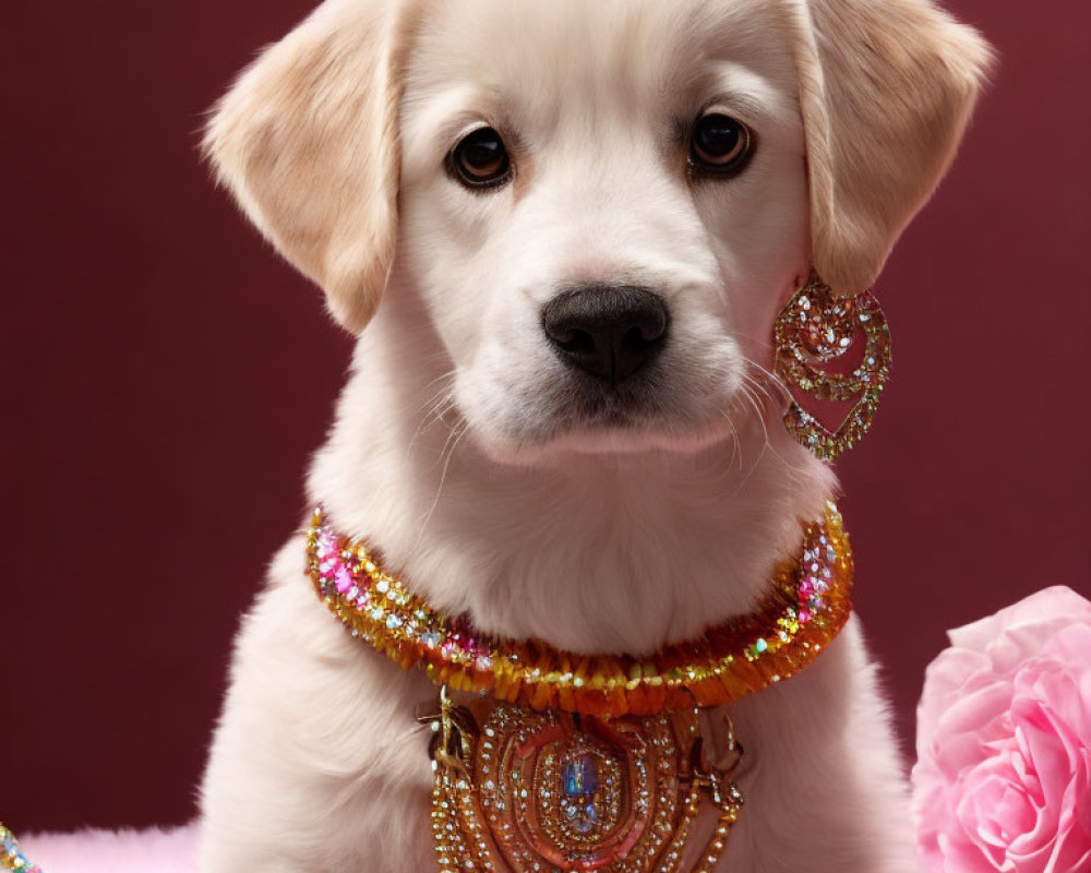 Golden retriever puppy wearing jewelry on pink backdrop with flower