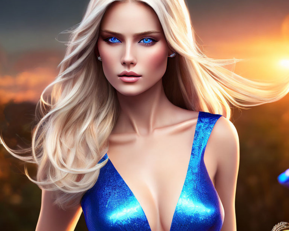 Digital artwork: Woman with blue eyes, blonde hair, shimmering dress, sunset backdrop