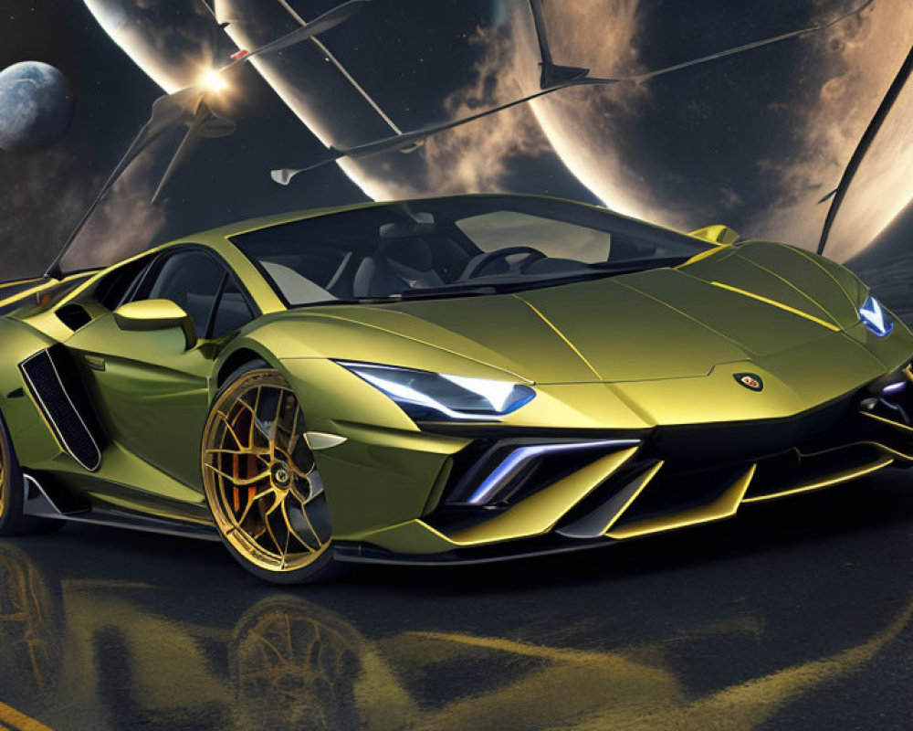 Metallic Green Lamborghini with Gold Rims on Futuristic Road with Planets