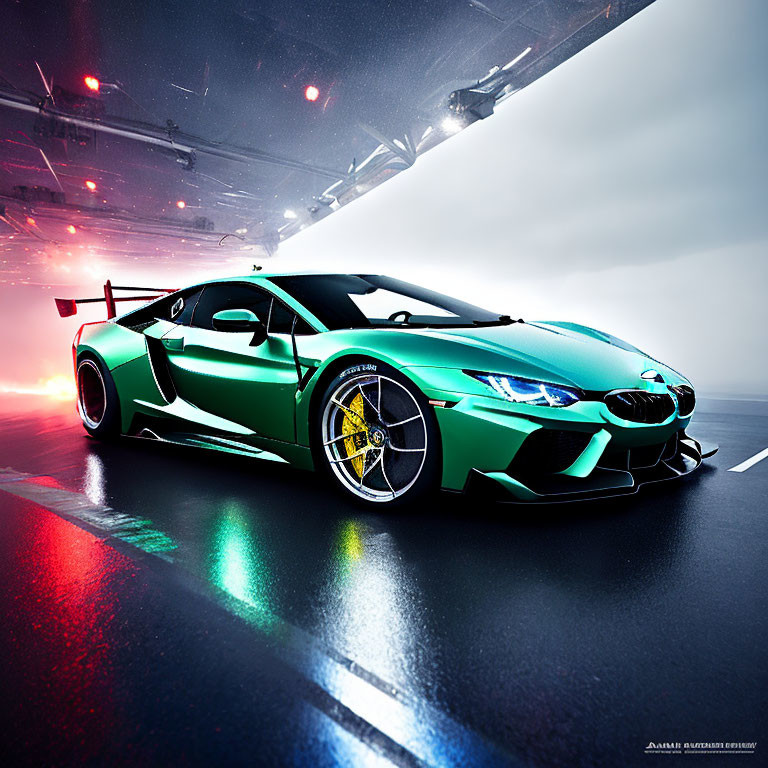 Custom green sports car with unique rims and bodywork on wet road with colorful light reflections and foggy