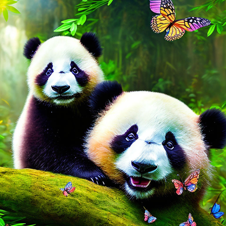 Two pandas in lush green setting with vibrant butterflies.