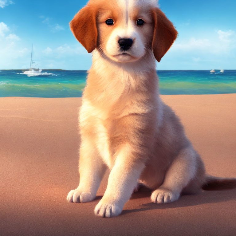 Golden Retriever Puppy on Sandy Beach with Blue Sky and Boats