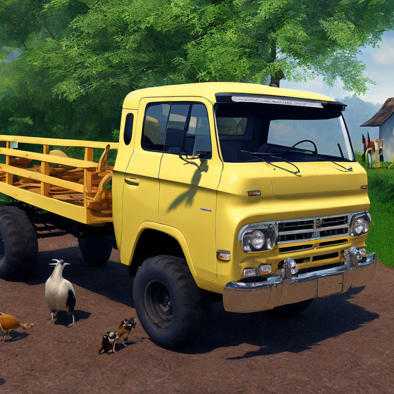 Vintage yellow truck parked next to thatched hut with penguins and sea lion on grassy field