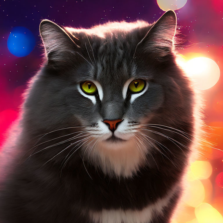 Gray and White Cat with Green Eyes on Cosmic Purple Background