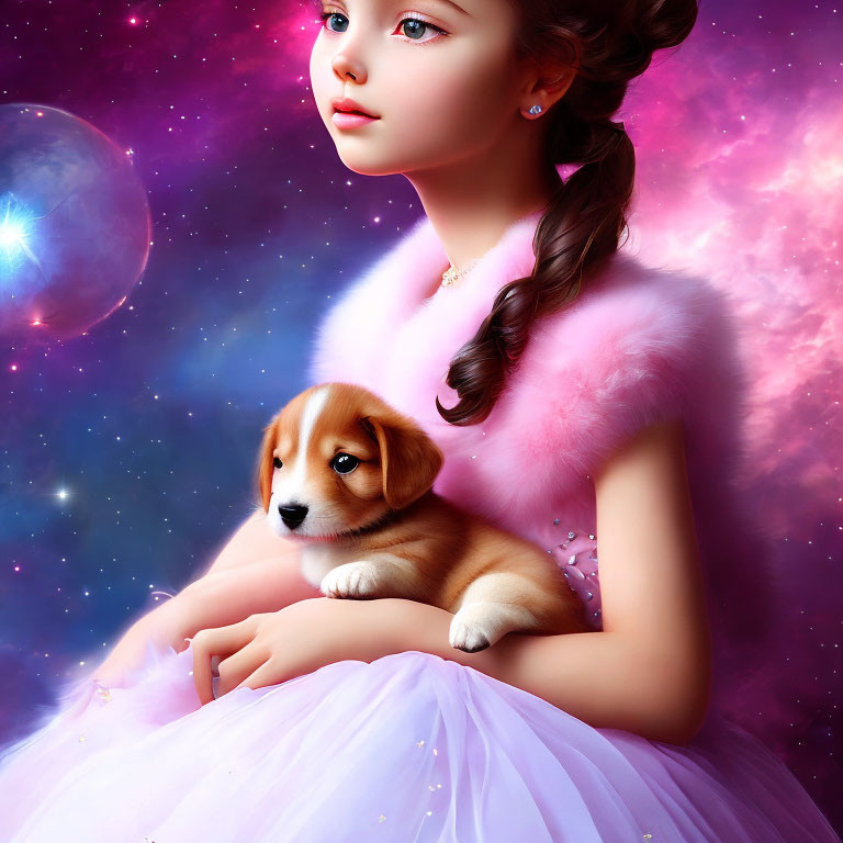 Stylized illustration of young girl with corgi puppy in cosmic setting