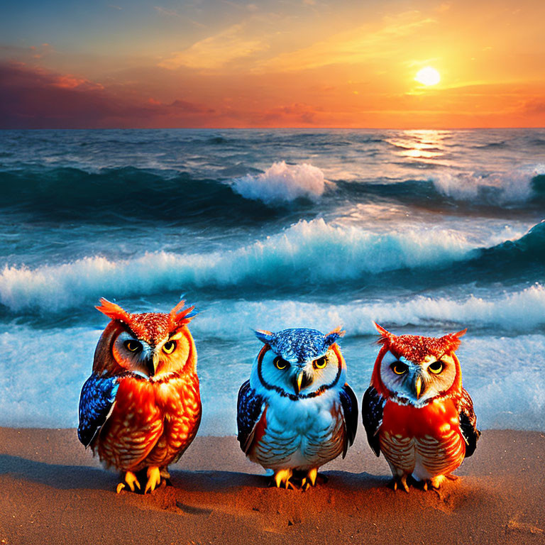 Three owls on beach at sunset with crashing waves and setting sun