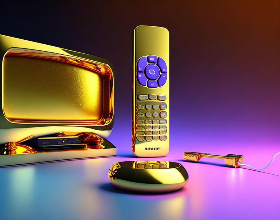 Vintage gold television, retro phone, and microphone on colorful backdrop