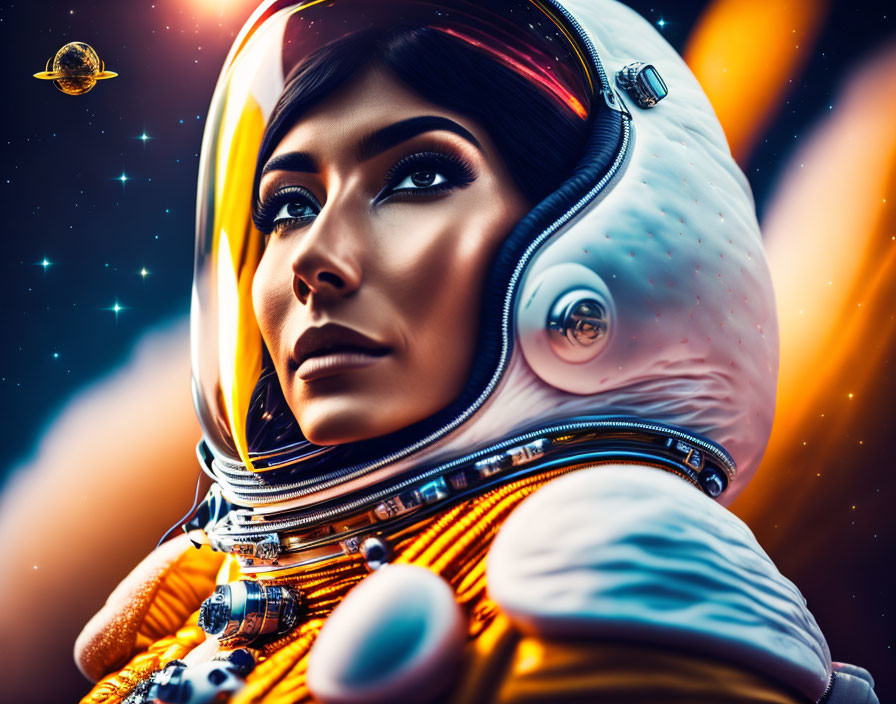 Detailed illustration: Woman astronaut in space helmet with cosmic background.