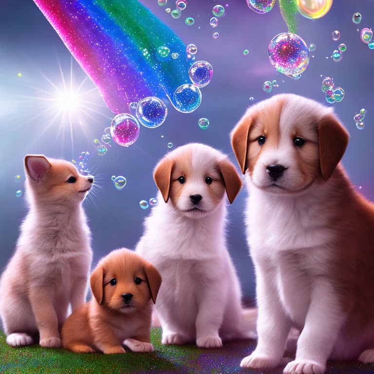 Four Curious Puppies Surrounded by Bubbles and Radiant Sky