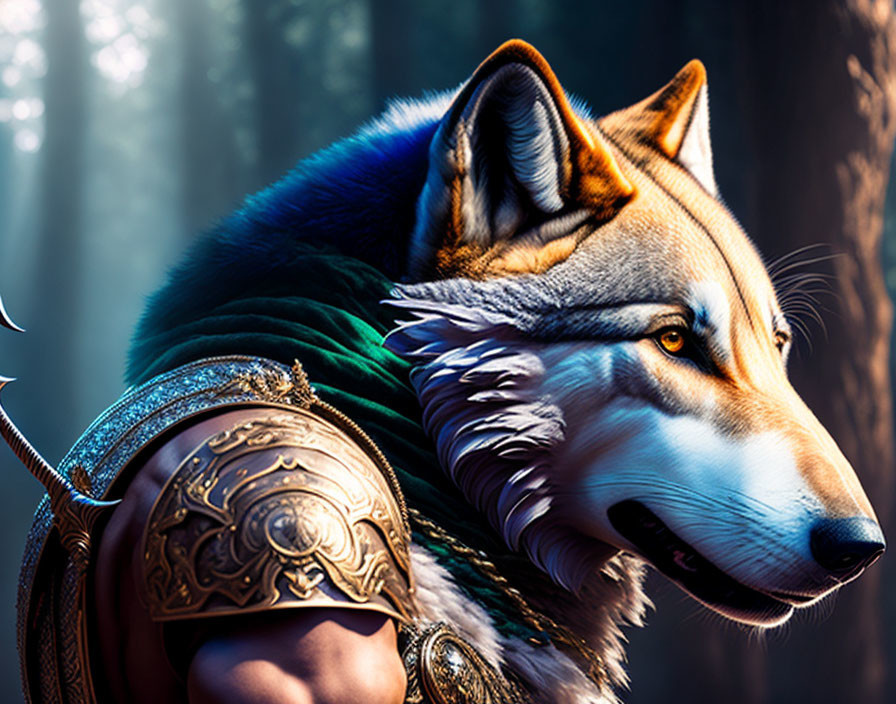 Digitally created wolf in armor against mystical forest.