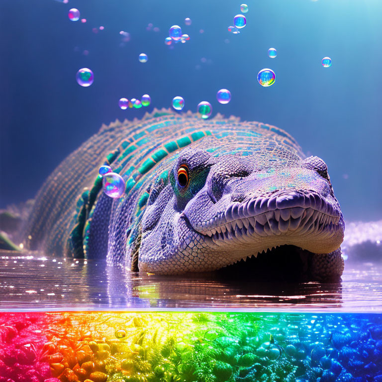 Vibrant Digital Artwork: Alligator Head in Colorful Underwater Scene