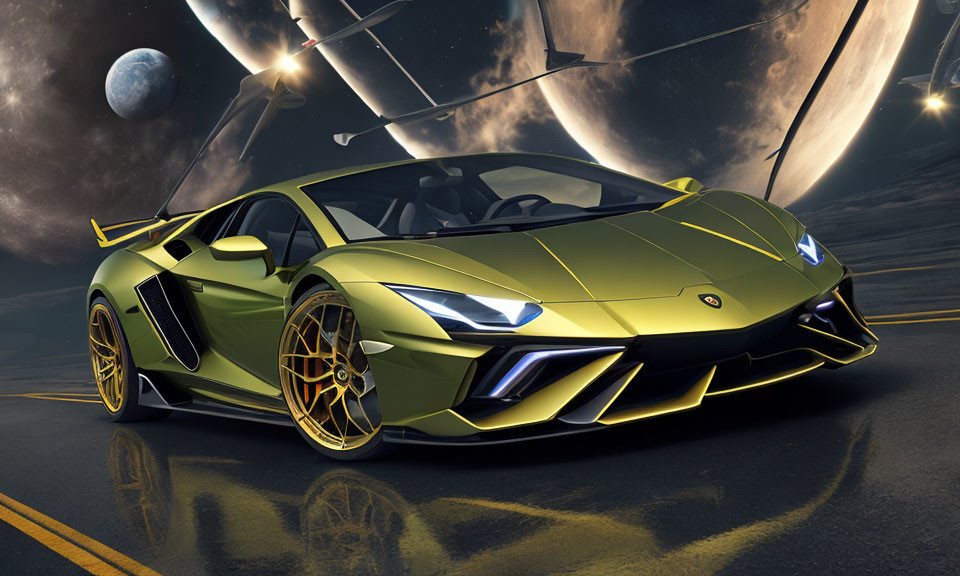 Metallic Green Lamborghini with Gold Rims on Futuristic Road with Planets