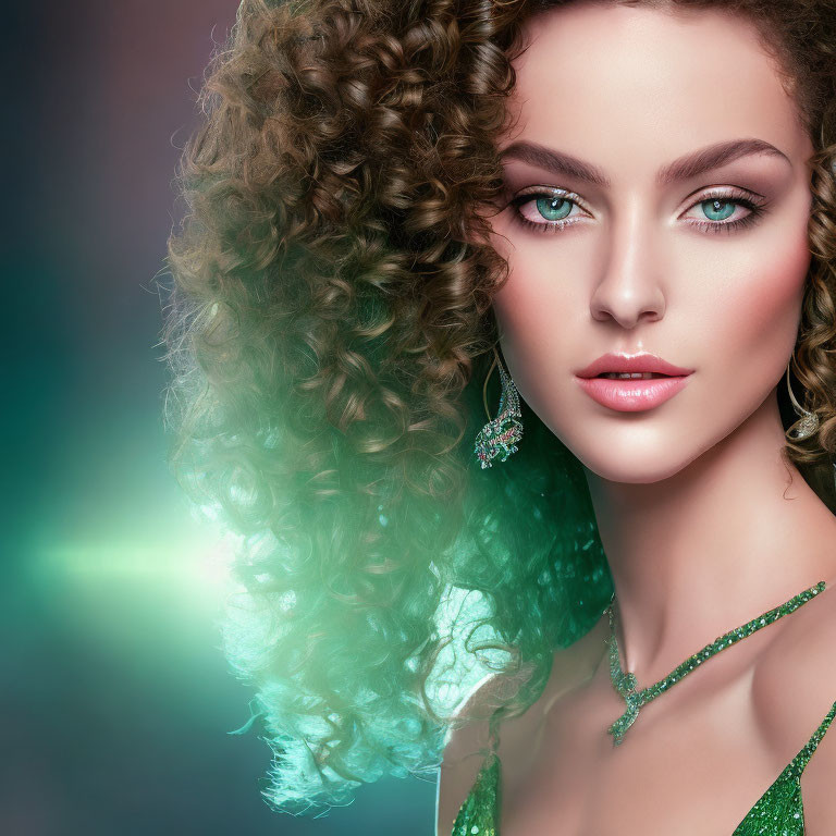 Curly-haired woman in green jewelry and subtle makeup under teal light