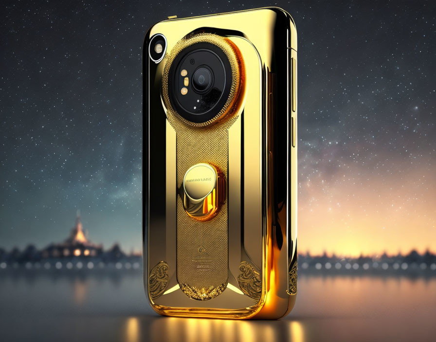 Luxurious Gold-Plated Smartphone with Circular Camera Module on Night Cityscape